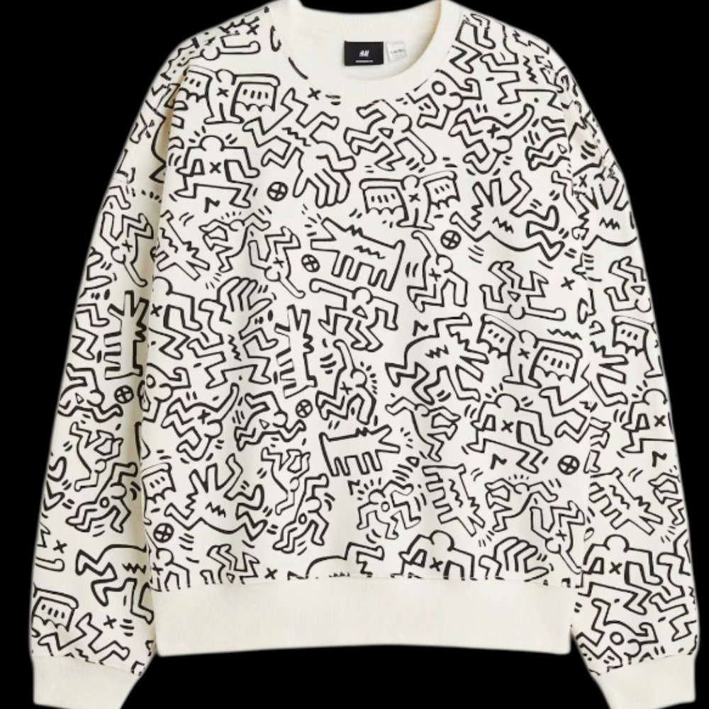 H&M Keith Haring Oversized Sweatshirt Mens S White Black All Over Print Pullover